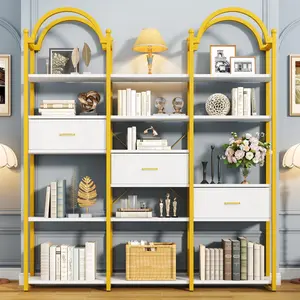 84" Tall Arched Bookshelf with 3 Drawers and 13 Storage Shelves, Industrial Open Book Shelf with Display Shelves, Large Etagere Bookshelf, Triple Wide Book Case for Home & Office
