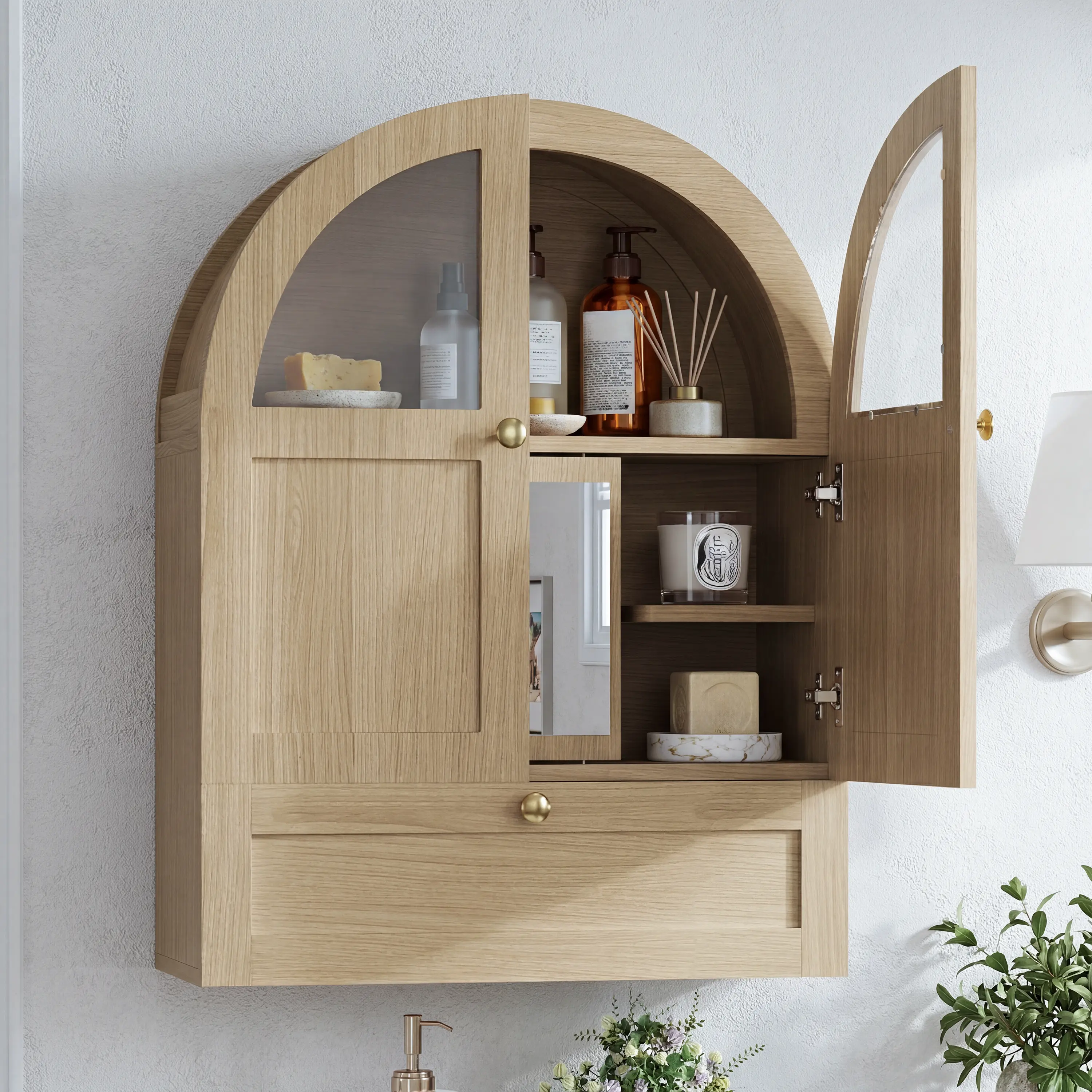 Gyfimoie Arched Bathroom Wall Cabinet with Glass Doors, Wooden Storage Cabinet with Adjustable Mirror for Skincare, Over The Toilet Cabinet, Hanging Medicine Cabinet for Vanity