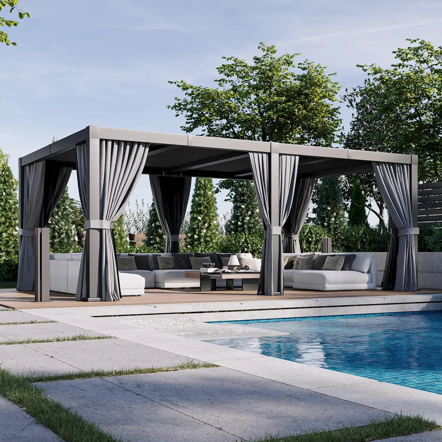 Aoxun 10x10 All-Aluminium Modern Louvered Pergola Shade Outdoor Gazebo Shelter - Independent Setup, Adjustable Roofs, Waterproof Curtains, Netting, Integrated Drainage, UV Prevention Cover - All-Weather Patio Backyard Furniture