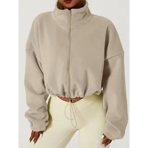 Women's Warm Fleece Crop Jacket With Zipper And Drawstring - Perfect For Casual Sports And Outdoor Activities