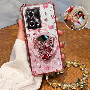 Honor 90 GT 5G Fashion Series Golden Jewelry Strap Lanyard Phone Holder Case For Compatible With Huawei Honor 90 GT 5G Transparent Glitter Shiny Cover and Impact Resistant Elegant Red Rose Butterfly Protector Cases