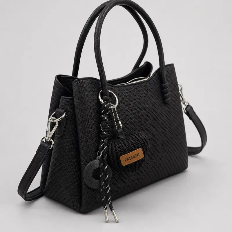 Women’s Woven Tote Bags - Top Handles, Detachable Shoulder Strap, Zippered Compartment, Charm