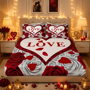 3-Piece Romantic Red Rose & LOVE Heart Bed Sheet Set, 3D Floral Fitted Bedding Mattress Cover with Pillowcases, Couple Aesthetic Room Decor