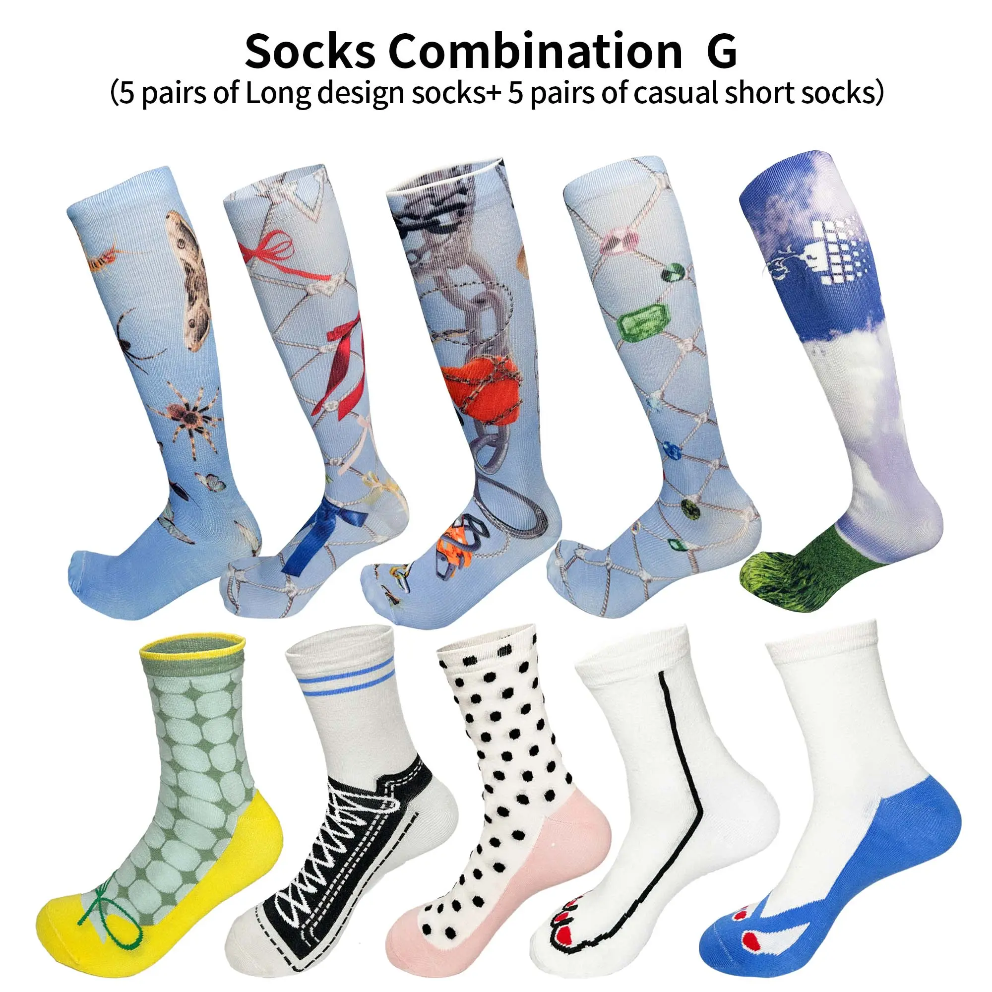 Trendy Designer Socks Set G - 10 Pairs with Y2K Elements Mix-and-Match for Casual Wear - Versatile and Comfortable Socks for Everyday Use
