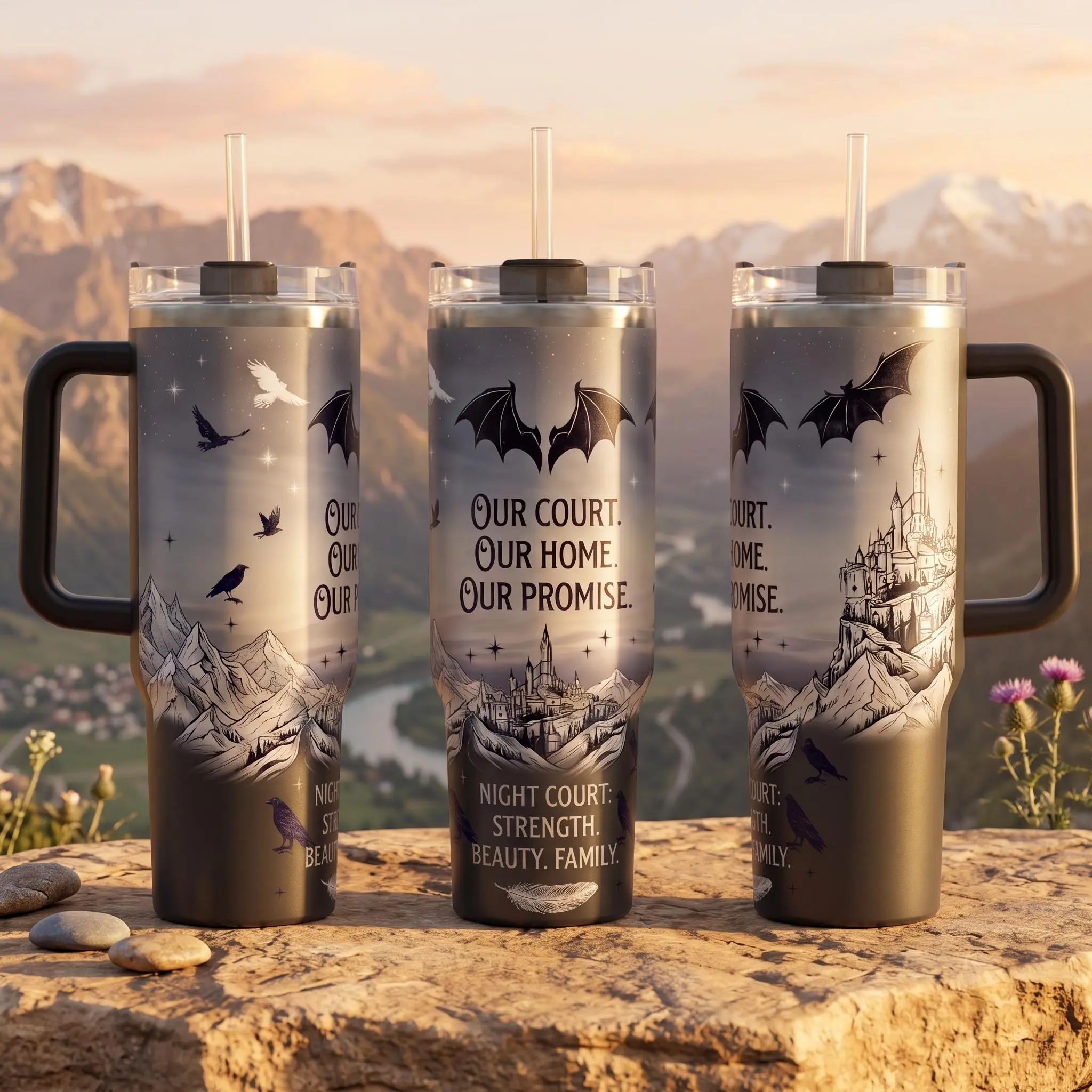 ACOTAR Night Court 40oz Tumbler With Handle, A Court of Thorns and Roses Inspired Travel Mug, Velaris Fantasy Bookish Cup, Gothic Celestial Insulated Tumbler, Dark Romance Reader Gift, High Lord Book Lover Drinkware, Starry Court Inspired Cup