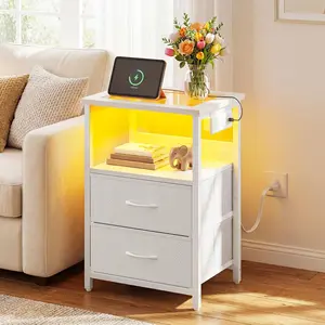2 Drawers Night Stand with Glass Clear Desktop, Nightstand with Charging Station and Led Light, Side Table for Bedroom, Modern End Table for Bedroom Decor, White