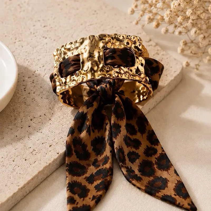 Hammered Gold Leopard Scarf Cuff Bracelet for Women | Statement Open Cuff Bangle