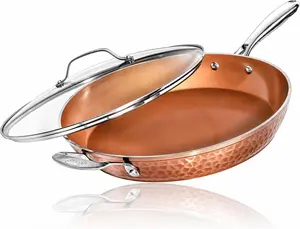 14-In Nonstick Frying Pan with Lid, Ceramic-Coated Skillet, Induction Compatible, Oven & Dishwasher Safe, Copper Hammered