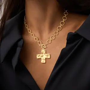FREEKISS Gold Thick Chain Necklace Women's Personalized Cross Pendant Necklace Multi-layer Hammered Thick Cross Necklace Vintage Clasp Necklace Easter Jewelry, Summer Jewelry outdoorfun