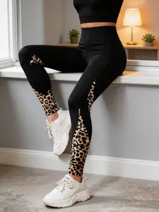 One-piece women's pocket design leopard print patchwork high-waisted elastic slimming yoga pants, fashionable fitness sportswear pants