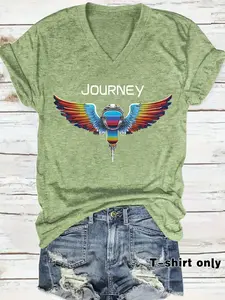 V Neck Knitted T-Shirt with Patriotic Journey Print, Casual Summer Style Loose-Fitting Top, Comfortable and Breathable for Daily Wear Everyday S-Xxl