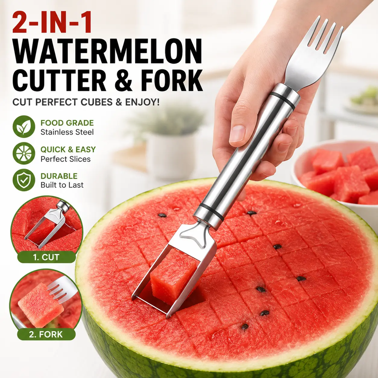 [2-Pieces] 2-in-1 Stainless Steel Watermelon Cutter, Dual-Head Fruit Fork Slicer Knife with Round Handle, Kitchen Utensil for Fruit Cutting (Home & Festive Party Supplies)