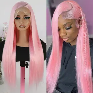 13X6 Free Part Light Pink Lace Front Wig For Women 26 Inch Long Natural Straight Lace Front Synthetic Wig Pre-Plucked Hairline 180% Density Heat Resistant Fiber Hair Silky Straight Wig Cosplay Party Daily Use