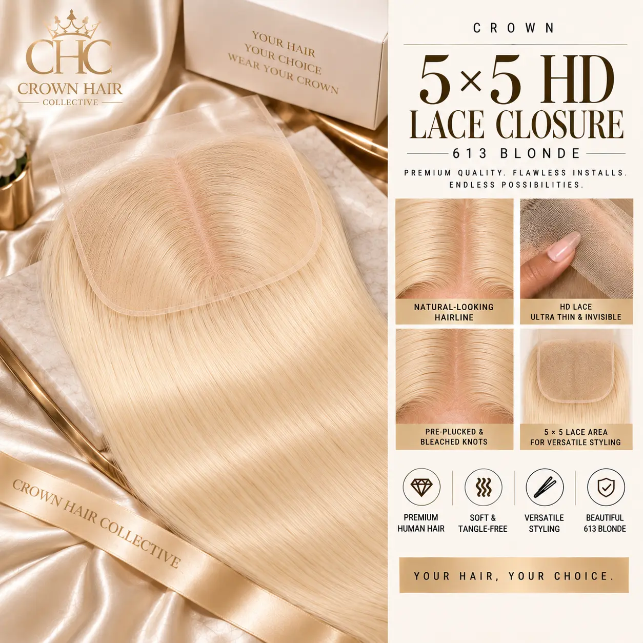 Crown 5×5 HD Lace Closure - 613 Blonde Human Hair Closure, Pre-Plucked Natural Hairline, Bleached Knots, Blonde Straight and Body Wave, 16-22 Inch