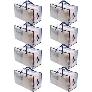 VENO 8 Pack Moving Bags, Moving Supplies, Moving Boxes, College Packing Storage Boxes with Lids Alternative, Heavy Duty Dorm Organizer Tote, Extra Large, Sturdy Handles, Zipper (Clear, 8 Pack) VENO