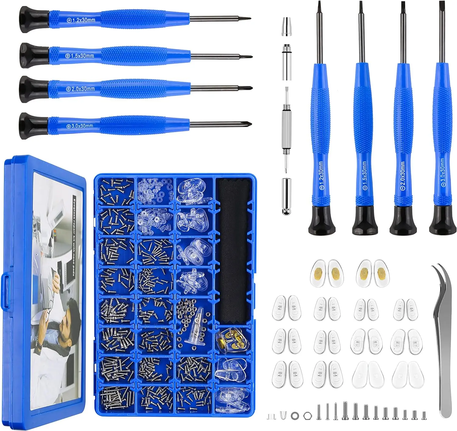 Upgrade Version Magnetic Eyeglass Repair Tool Kit with Compact Screw Box, Nose Pads, Precision Screwdriver Set, Screws, Tweezer for Eyeglasses, Sunglasses, Watches