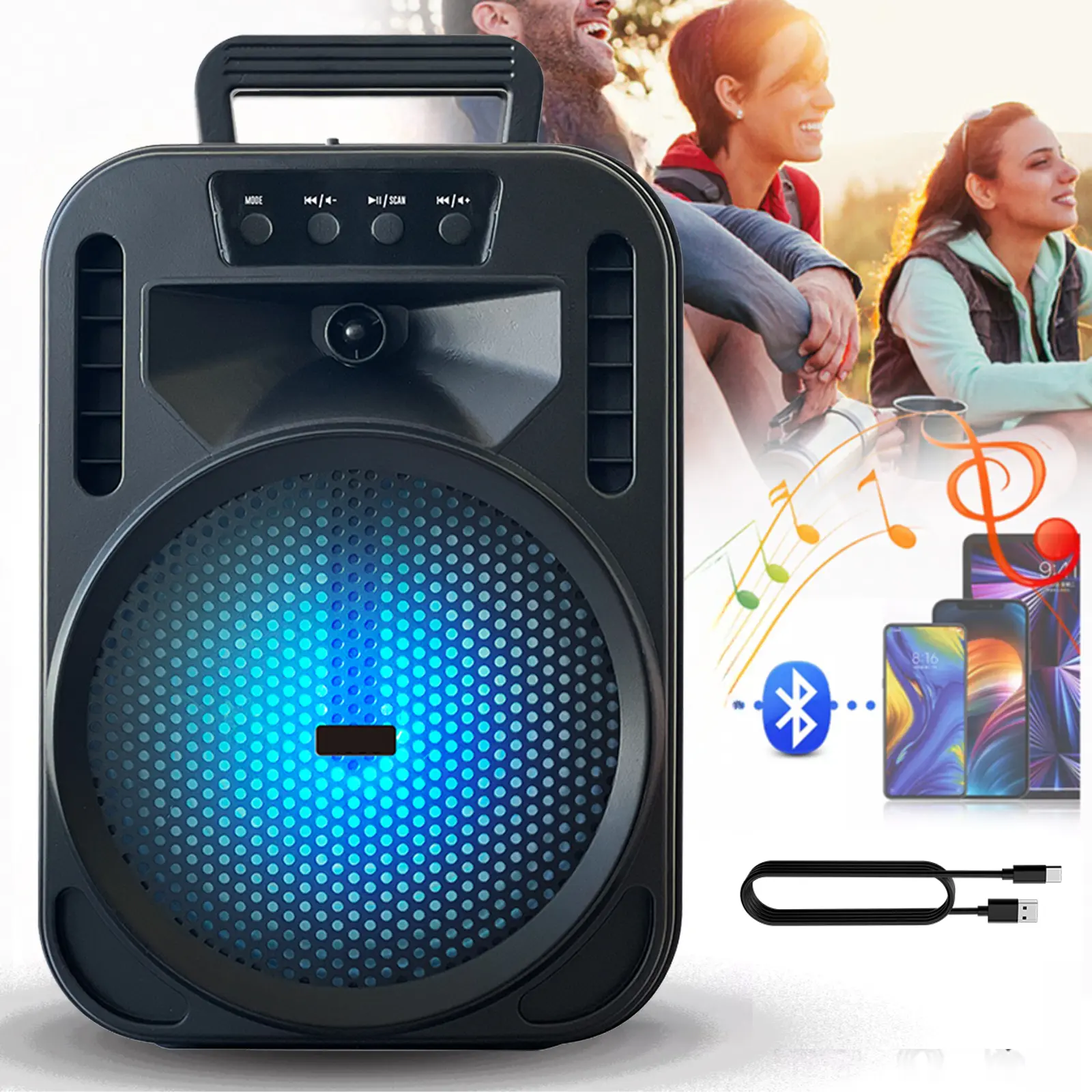 Dazone Mini Bluetooth Speaker with 6.5" Subwoofer Heavy Bass Rechargeable Karaoke Machine with Colorful Party Lights Charging Cable