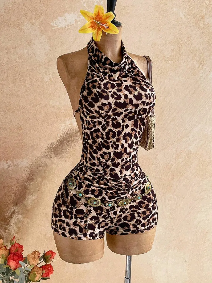 Velia x Soleia Women's Leopard Print Fashion Sexy Halter Neck Romper For Vacation Club Night Out Beige Summer