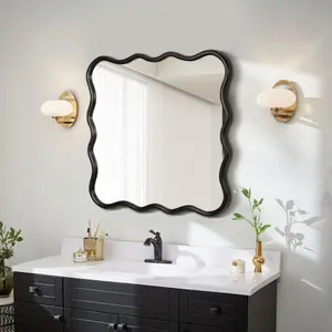 36"x36" Solid Wood Wavy Square Wall Mirror, Black Frame, Modern Farmhouse Decorative Mirror for Bathroom, Bedroom, Living Room, Dining Room, Entryway