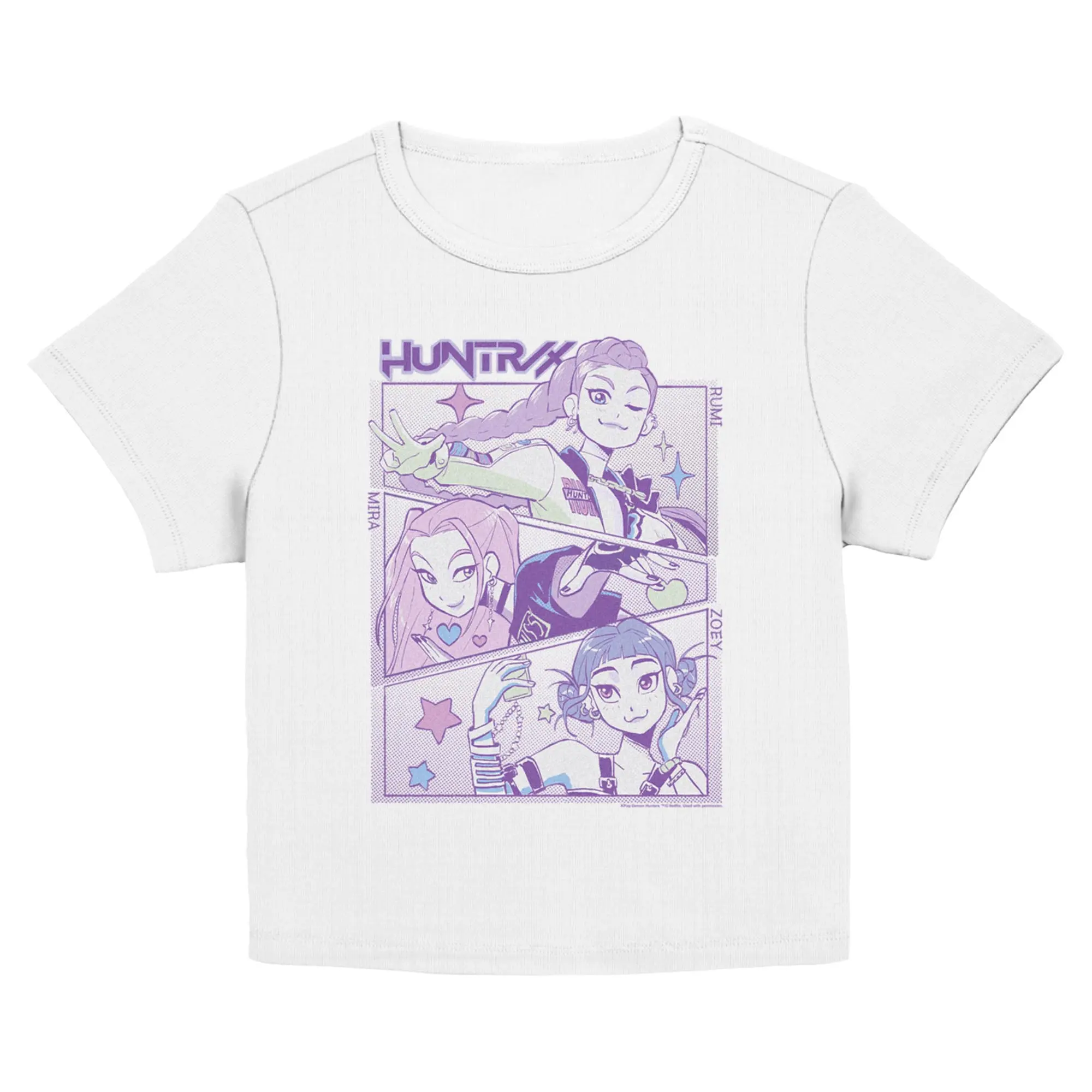 KPop Demon Hunters Huntrix Group Panels Juniors T Shirt, Strip, Shortsleeve, Round Neck, Casual, Tshirt, Top, Baby Tee, Graphic Panel