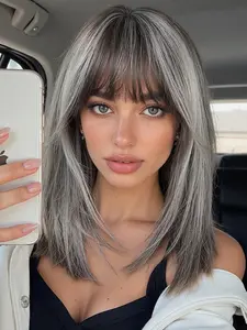 16 Inch Highlights Short Wig with Bangs for Women, Straight Hair, All Seasons, Perfect for Daily Wear & Special Occasions