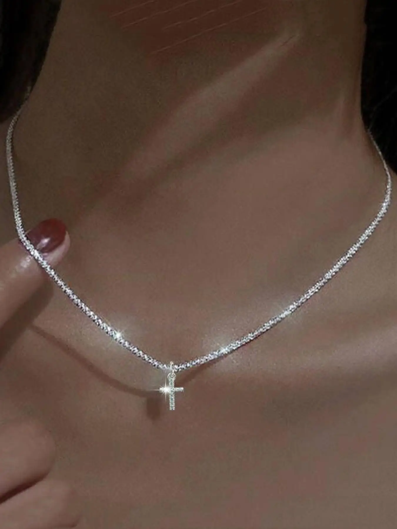 Rhinestone Cross Pendant Necklace for Women for Gift, Clavicle Chain Necklace
