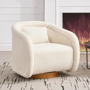 Swivel Accent Chairs Comfy Plush Teddy Fabric Lounge Chair with Pillow Sturdy Wood Base for Living Room Bedroom Office White