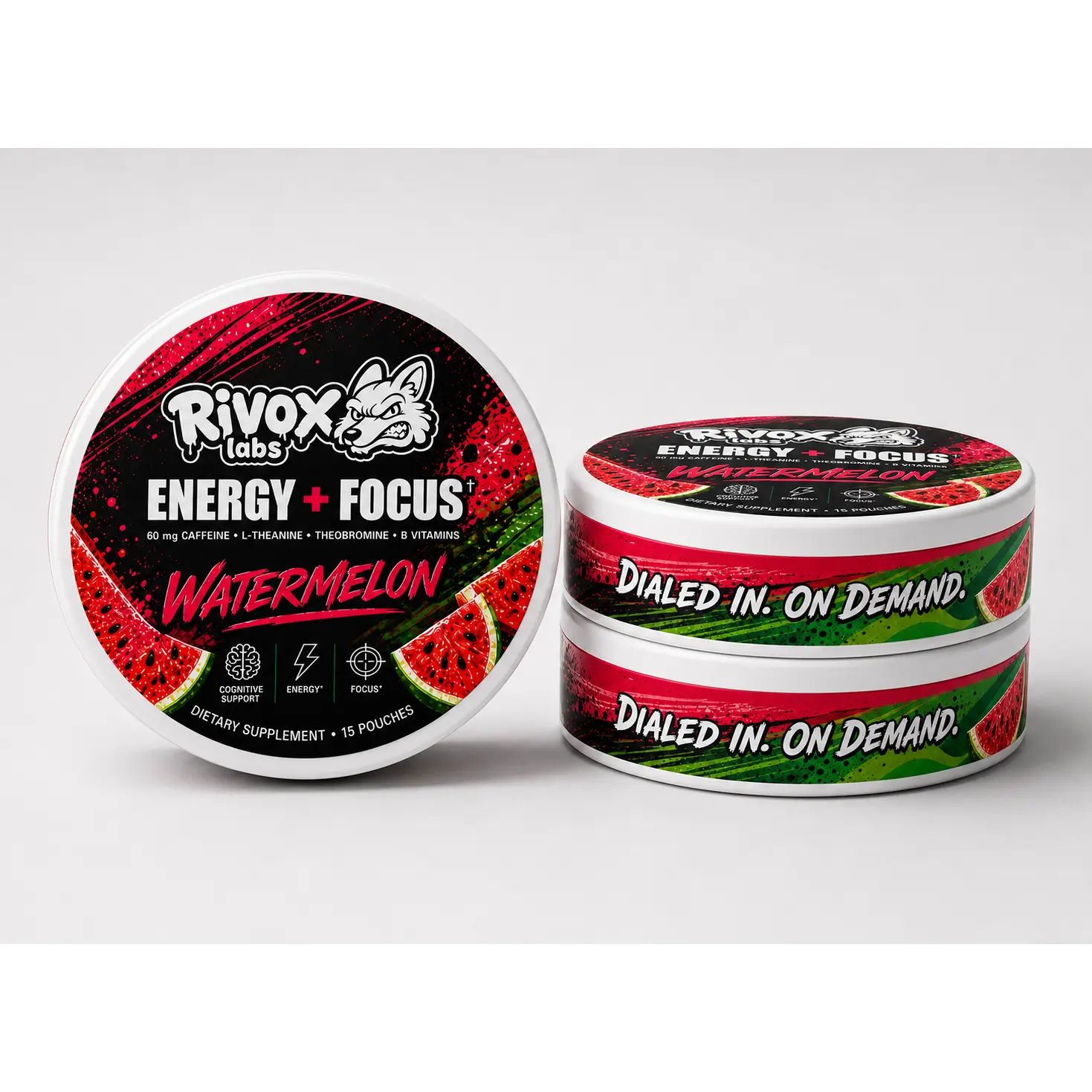 Rivox Focus Pouches – Watermelon Candy 3 Pack | Energy + Focus, Caffeine + L-Theanine (No Crash)