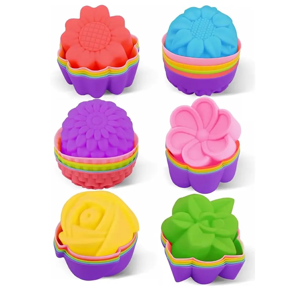 36-Pack Shaped Silicone Cupcake Liners, Reusable Muffin Molds in Heart, Star & Flowers Designs, Non-Toxic Food Grade Bakeware, Muffin Liners, Fun, No Greasing Needed, Bento Box Dividers, Round, Assorted Colors, Freezing, Parties, Nonstick, Flexible, 36 Pc