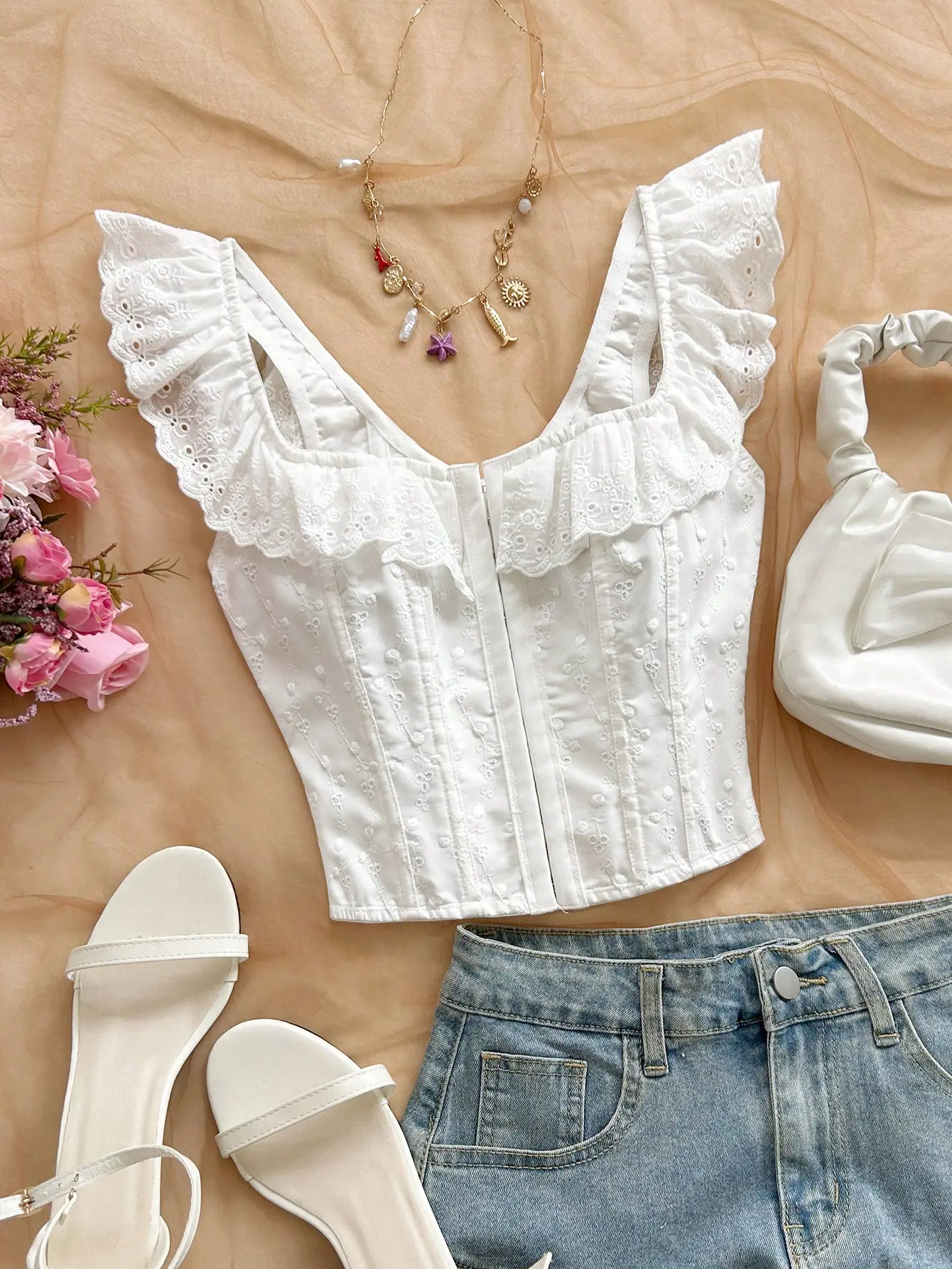 Women's Eyelet Lace Corset Blouse - Backless Square Neck Top with Cap Butterfly Sleeves, Adjustable Lace Up Summer Shirt for Daily Wear