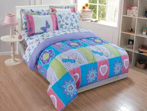 Fancy Linen Comforter and Sheet set for Girls Butterflies Hearts Flowers Purple Turquoise Pink Green White  New