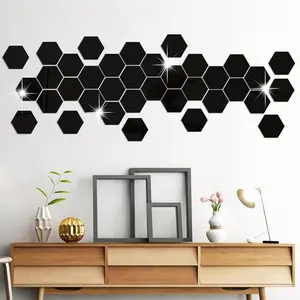 12/24/36 pieces self-adhesive black hexagonal mirror wall sticker, anti shatter mirror brick flexible Reflective decorative sticker, suitable for bathroom, bedroom, wardrobe, dining table center decoration, wedding party background wall