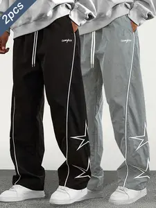 Men's spring and summer loose straight-leg sports pants with side stripe design, embroidered pattern, comfortable and casual, suitable for everyday wear