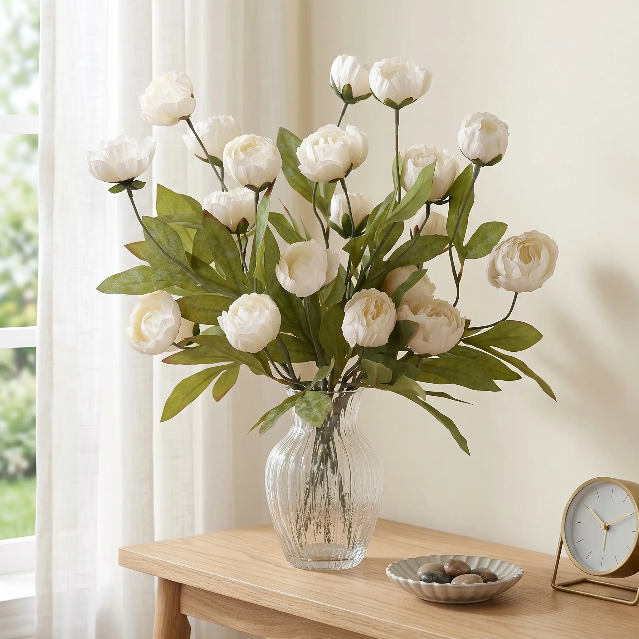 Chessie 3 Pcs Ivory Faux Silk Peony Artificial Flowers, 27" Long Stem Peonies Bulk, White Fake Flower Branches for Vases DIY Wedding Bouquet Centerpieces Floral Arrangements Fillers Home Decor