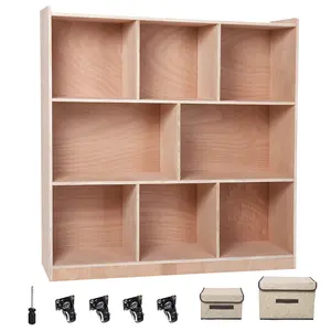 8-Cubby Mobile Entryway Storage Cabinet – 2 Storage Bins, Smooth-Rolling Casters – Wooden Organizer Locker for Home, School, Daycare – Natural Finish