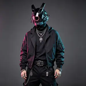 COSTRIBE Black Red LED Cyberpunk TPU Halloween Mask - Rechargeable Mecha Face Cover Accessory for Party, Rave Events, Accessories