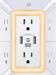 Multi Plug 6 Outlet Surge Protector Extender with 3 USB Ports (1 USB C) and Night Light, 3-Sided Power Strip with Adapter Spaced Outlets, ETL Listed, White