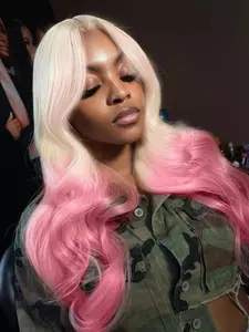 28 Inch Ombre Pink Color Long Wavy Wigs for Women, Platinum White and Pink Color Synthetic Wig Body Wave Gorgeous Fashion Fluffy Wigs without Bangs, 13x4 Synthetic Lace Front Wigs for Party, Daily Use