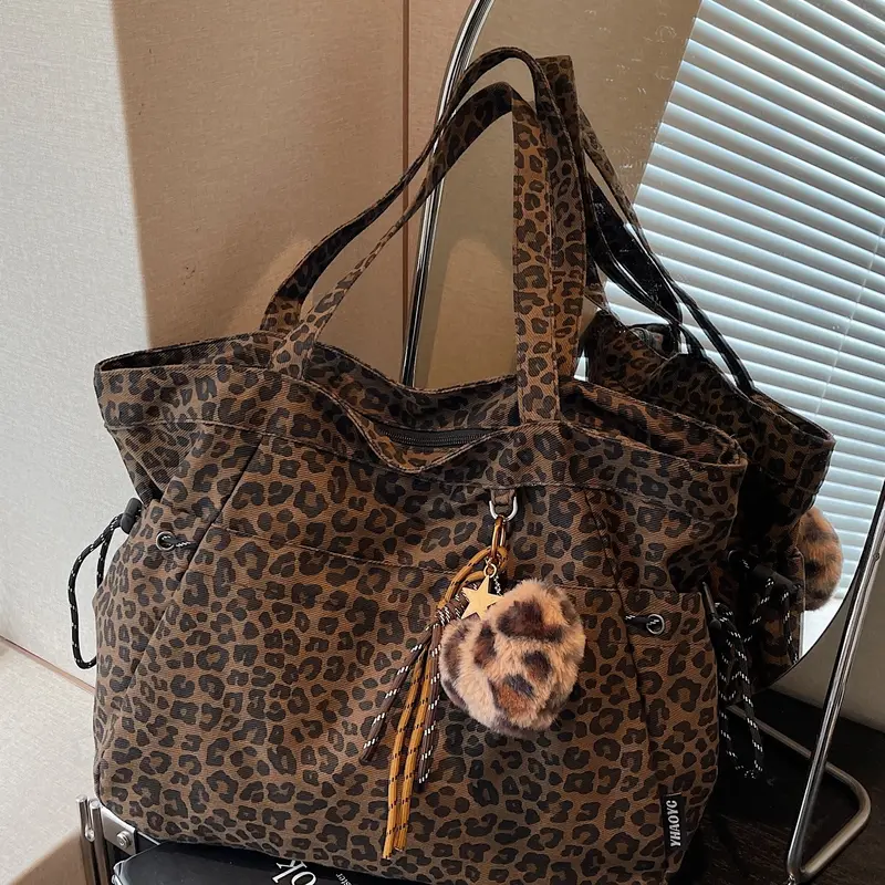 Casual Leopard Print Versatile Crossbody Bag, Large Capacity Single Shoulder Tote, Perfect for Work and Daily Use, Fashionable Fabric Backpack