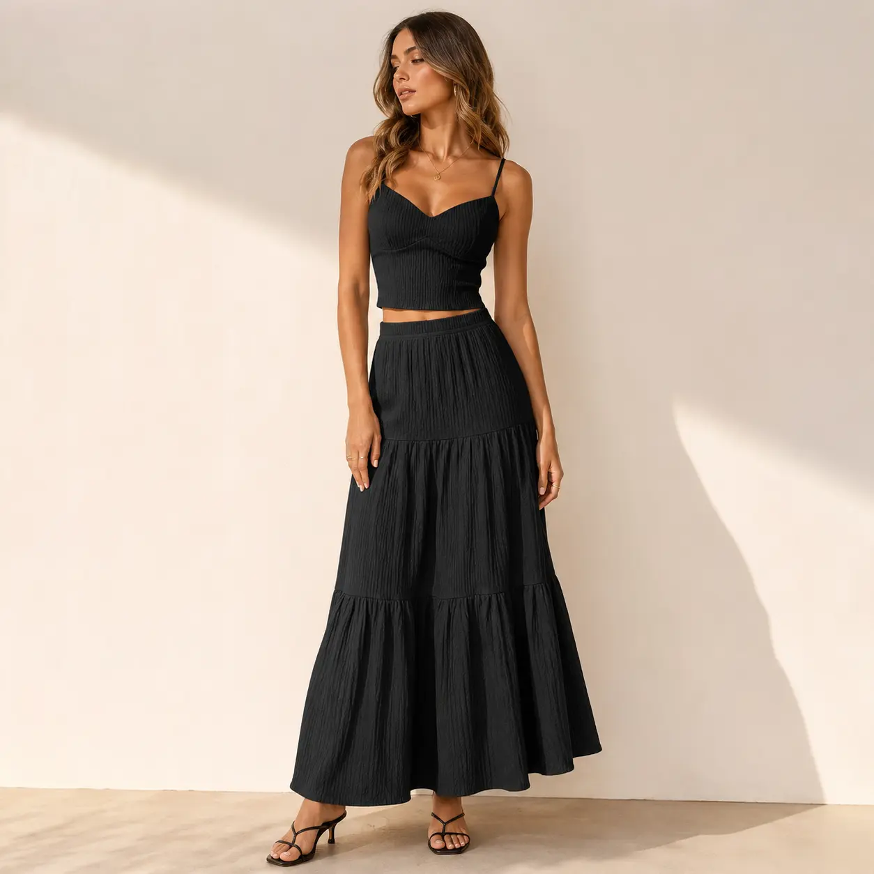 Women's 2 Piece Maxi Skirt Sets Elegant Oriented Women's Solid Color Adjustable Strap Vest and Skirt Set