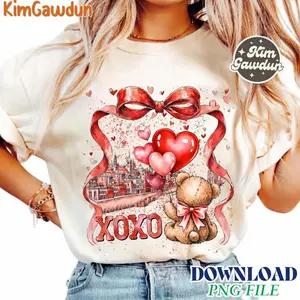 Preppy XOXO Valentine Shirt, Teddy Bear Shirt, Key Bow Panel Shirt, Pink Preppy Valentine Clipart, Cute Coquette heart Tee,Retro Valentine Tee
