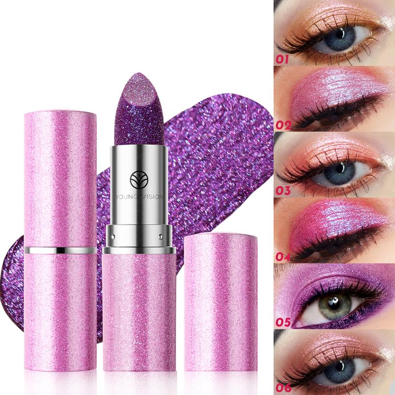 YOUNG VISION Chameleon 6-color Fine Sparkle Lipstick, Multi-purpose Facial Embossed Silk Screen Pearlescent Lipstick and Eyeshadow
