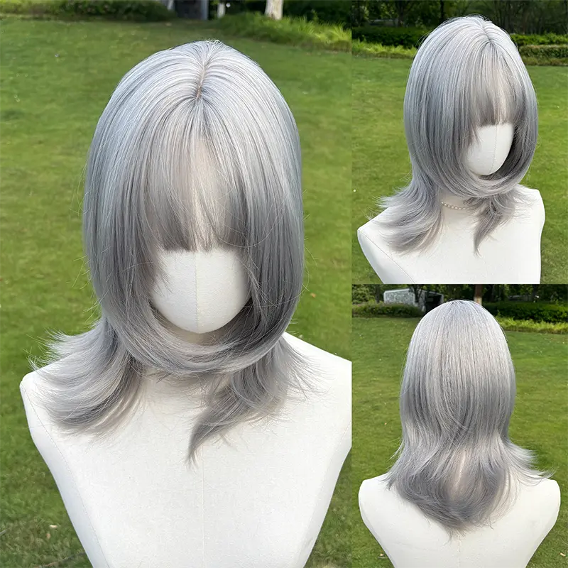 SMILCO 16 Inch Silver Gray Wig with Bangs, Shoulder Length Synthetic Wig for Women, Natural Looking Straight Wig with Face Framing Layers, Soft Fluffy Daily Party Cosplay Hairpiece SM617