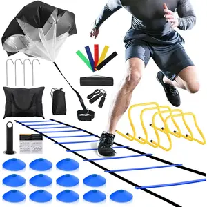 Agility Ladder,Football  Equipment Set,4 Agility Hurdles, 20 feet12 Rungs Speed Ladder,12 Disc Cones,Resistance Parachute, Jump Rope, 5 Resistance Bands