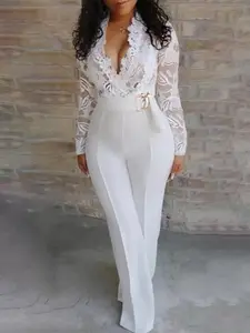 Laced Jumpsuit Long Sleeves V Neck