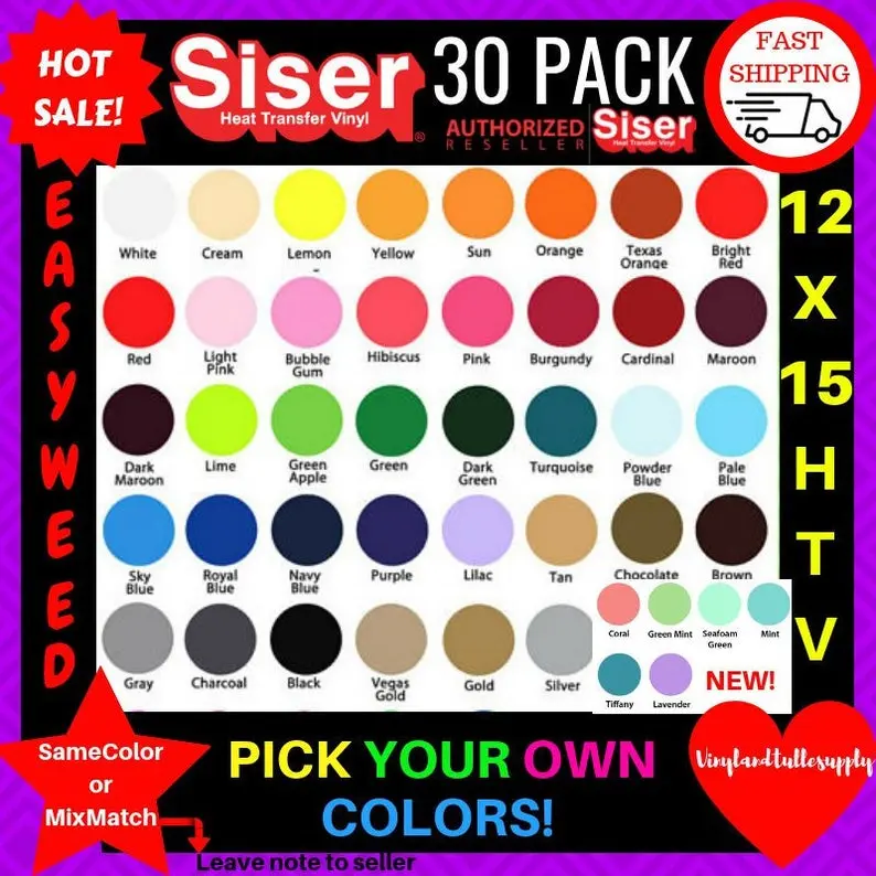 Siser EasyWeed Heat Transfer Vinyl, 12"x15" 30-Sheet Colorful Pack, 100% Cotton DIY Craft Supply for Vinyl Cutters with Low-Temp Peel