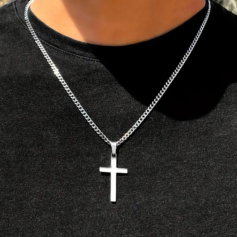 Punk Style Cross Pendant Necklace for Men, Stainless Steel Jewelry, Cross Charm Necklace, Exquisite Chain Jewelry for Party, Daily Clothing Decor, Trendy All-match & Exquisite Jewelry for Birthday Gift, Cross Necklaces