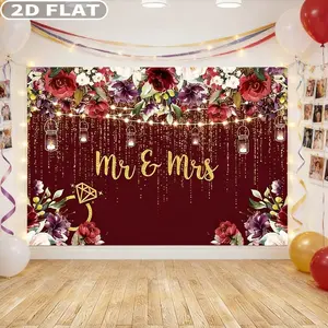 2D FLAT 1pc 7x5ft Burgundy Floral Mr & Mrs Studio Props Backdrop, Polyester Engagement Party Decorations for Couples, Wedding Bride and Groom Engaged Ceremony Anniversary Bridal Shower Banner Gold Photography Background Photo Props