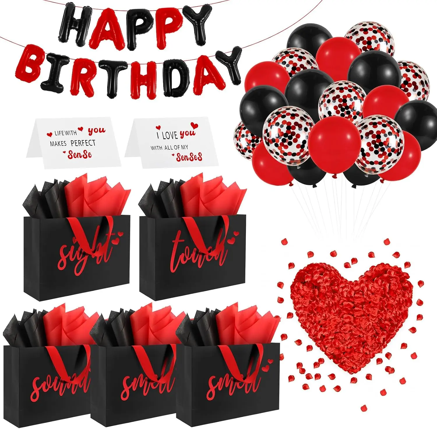 Double-Reinforced Classy Cardboard Addblu 5 Senses Gift Bag Kit (12.6"x8.7"x4" Black with Red Lettering) - Includes Labels, Tissue Paper, Handles, Birthday Banner, 30 Balloons, Rose Petals, Cards, Photo - For Husband, Home & Birthday Decorating Supplies,