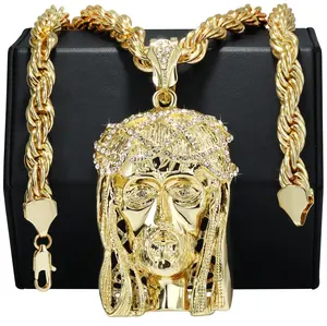 Crowned Jesus Piece Fully Iced | 10mm Rope Necklace Gold Plated